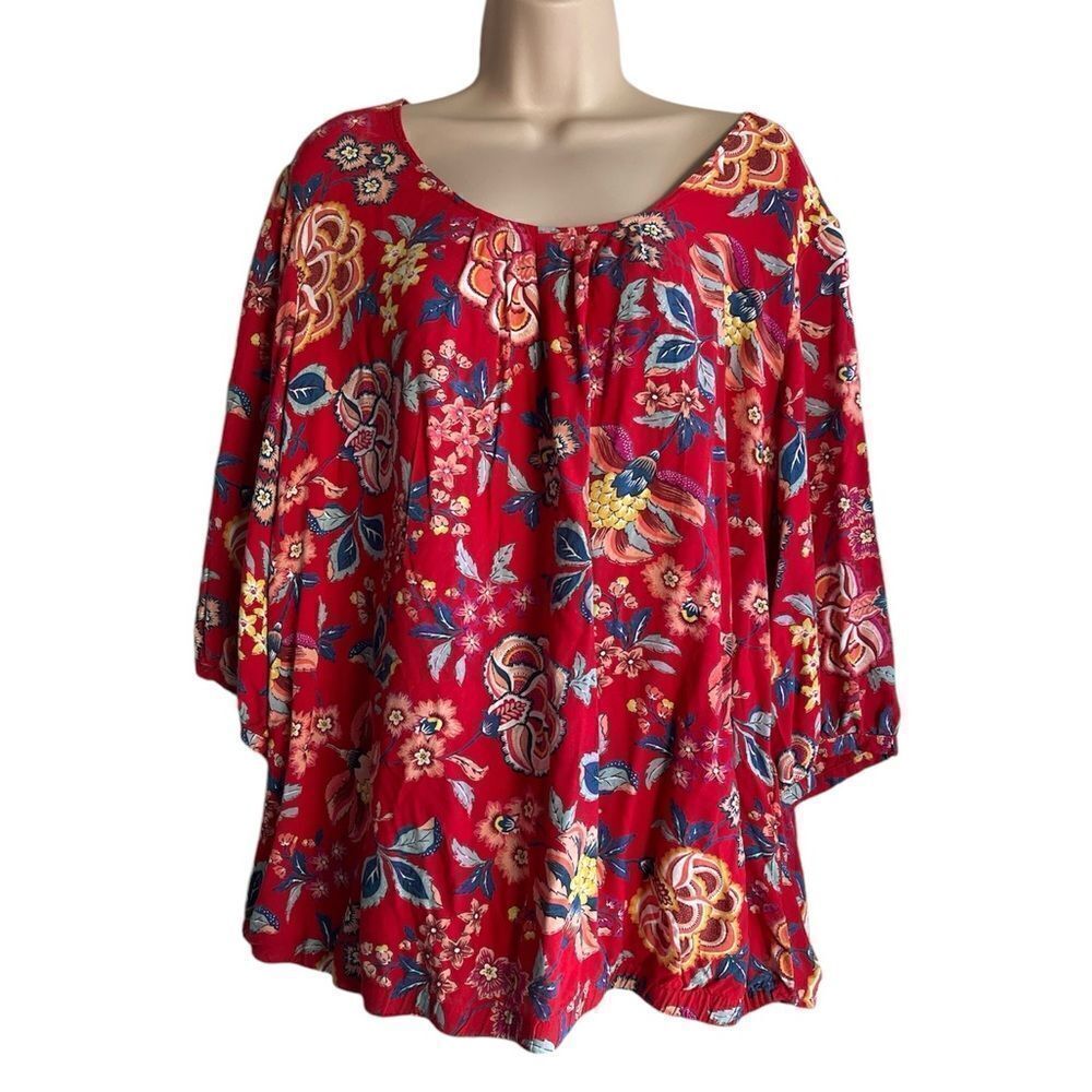 JUNAROSE Blouse Red Floral elastic waist Top 3/4 Sleeve Red Size 20 Zip-back